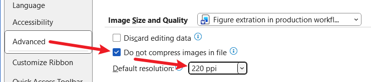 Word Advanced options with Do not compress images in file enabled